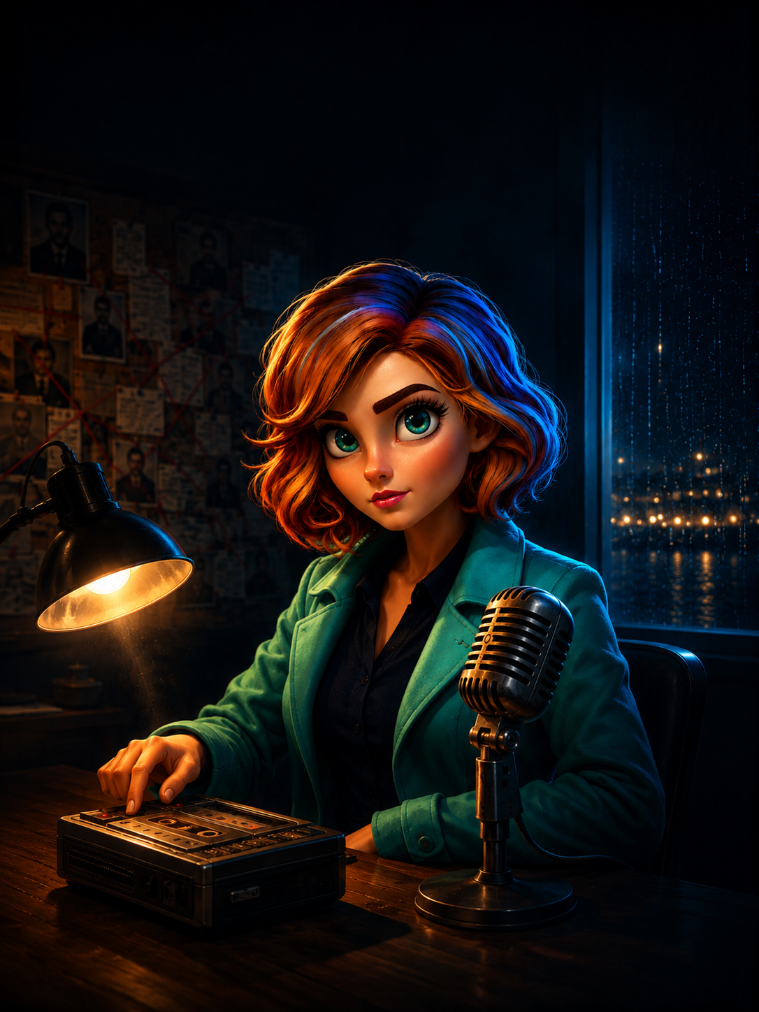 Ally Quinn at her desk — lamp, tape recorder and microphone in a rainy Havenbay office